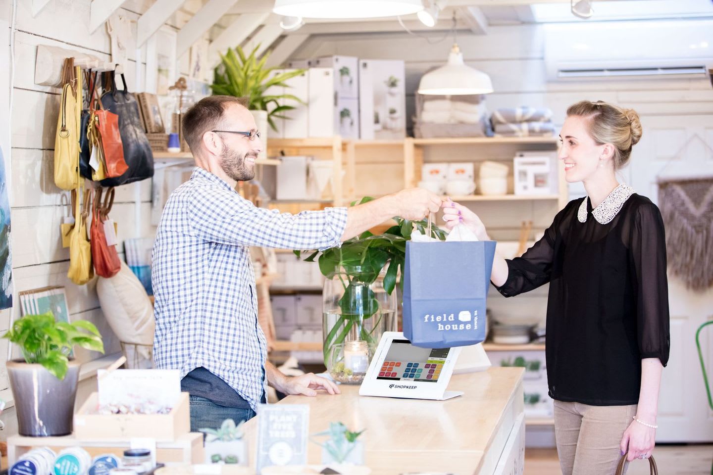 Customer receiving a shopping bag from a store employee at the counterlightspeed